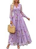 ANRABESS Women's Floral Maxi Dress 2025 Fall V Neck Puff Long Sleeve Flowy Casual Wedding Guest Tee Party Tulle Dresses Purple Rose XL