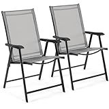 Yaheetech Patio Dining Chairs Set of 2 with Armrests, Outdoor Folding Chairs with Metal Frame and Backrest for Lawn, Garden, Yard and Poolside, Gray