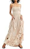 R.Vivimos Womens Summer Boho Sexy Backless Long Dresses (Large, Beige)