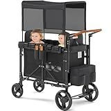 VELUVIA Wagon Stroller Outdoor for 2 Kids - Double Toddlers Stroller with Canopy & Removable Seat Pads, 2 Seater Push Pull Wagon One-Hand Fold, Shock-Absorbent Wheels & Safety Harness, Black