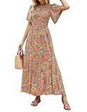 ZESICA Women's 2024 Summer Casual Floral Print Short Flutter Sleeve Crew Neck Smocked High Waist Flowy Maxi Dress,GreyGreen,Medium