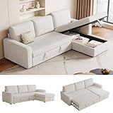 FAVSH 81.5" Convertible L Shaped Sleeper Sofa, 3-Seat Pull Out Sectional Couch with Storage Chaise & Removable Cushions, Chenille Fabric for Small Living Room Apartment, Beige