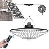 Solar Shed Light Outdoor Indoor Solar Powered Motion Sensor Light 198LED 1200LM Daytime Work Light with 5 Lighting Modes Remote Control IP65 Waterproof Solar Hanging Barn Ligh for Home Gazebo Shop