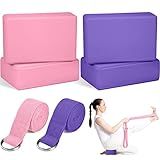 Jexine 6 Pcs Yoga Block and Strap Set 4 Pcs 9 x 6 x 3 Inches EVA Foam Pilates Block 2 Pcs Cotton Yoga Strap for Beginners Experienced Pilates Fitness Stretching