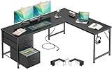 Furologee 63" L Shaped Computer Desk with Power Outlet & USB-C Port, Reversible Home Office Desk with 2 Fabric Drawers, File Cabinet, Hooks, Large Corner Table for Gaming, Writing, Work, Black
