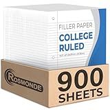 Rosmonde Loose Leaf Paper, 900 Sheets, 6 Pack, College Ruled, 8" x 10.5", 56 gsm Bulk Office Filler Paper, 3 Hole Punched, 150 Sheets/Pack, College Ruled Paper for 3 Ring Binder, Notebook Paper, White