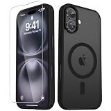 YENAPOON for iPhone 16 Case, Matte Magnetic Phone Cover [with 1 Screen Protector] [Support for MagSafe] [Shockproof Military Grade Protection] Translucent Frosted Back, Black