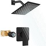 Heyalan Shower Faucet Set with Valve, Bathroom Rainfall Shower System, Wall Mount Single Handle Shower Trim Kit, Rainfall Fixed Shower Head, 8 Inch Square Shower Head, Matte Black