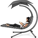 Best Choice Products Outdoor Hanging Curved Steel Chaise Lounge Chair Swing w/Built-in Pillow and Removable Canopy - Charcoal Gray