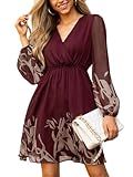 CUPSHE Mini Fall Dress for Women V Neck Floral Long Sleeve Chiffon A Line Casual Cocktail Party Dress Burgundy Floral, S