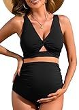 Charmo Maternity 2 Piece Bikini Swimsuit Ribbed Two Piece High Waist Pregnancy Bathing Suit Cutout Nursing Swimwear Black M