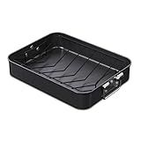 CHEFMADE Turkey Roasting Pan with V Rack, 16 Inch Deep Roasting Pan, Deep Lasagna Pan for BBQ Vegetbale and Meat 16" x 12.8" x 3" (Black)