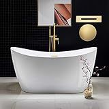WOODBRIDGE 59" Acrylic Freestanding Bathtub Contemporary Soaking White Tub with Brushed Gold Overflow and Drain，BTA1516-BG-Drain-&O