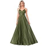 BluePlum Sexy Backless Maxi Formal Dress for Women 2025, Wedding Guest Dresses with Embroidery Sequin, Cocktail Dresses with Sleeveless Pleated, Olive Green Evening Gowns for Party, Size L
