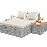 Flamaker Outdoor Rattan Daybed with 2 Side Tables, Multifunctional Wicker Patio Sofa with Storage Ottoman, Cushions, Sunbed Wicker Furniture Chaise Lounge Chair for Backyard Porch Poolside(Beige)