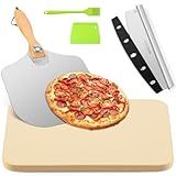 Pizza Stone 5 PCS Set, 15 x 12" Large Rectangle Pizza Stone Set for Oven & Outdoor Grill with Metal Pizza Peels & Cutter Rocker, 0.6'' Thickened Stone Pizza Pan, Grill Baking Stone for Pizza, Bread