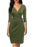 Berydress Women's Casual Party Solid Stretchy Cotton Knee-Length Sheath Draped Faux Wrap Dress with 3/4 Sleeves (M, 6083-Army Green)