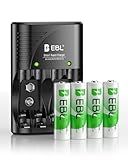 EBL 4-Bay Battery Charger for AA & AAA Rechargeable Batteries with Rechargeable AA NiMh Batteries, 4 Count, Battery Charger with Foldable Wall Plug