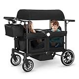 Kinder King Folding Wagon Stroller for 2 Kids, All-Terrain Baby Stroller Wagon Outdoor, Removable Canopy 2 Seater, Adjustable Handle, Shock-Absorbing Wheel, Detachable Tray, Parent Organizer, Black