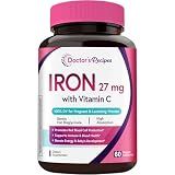 Doctor's Recipes Iron Supplement for Pregnant Women, Chelated Iron Bisglycinate, with Vitamin C for High Absorption, Gentle, Red Blood Cell Production Support, 60 Vegan Caps