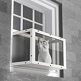 Window Cat Perch Catio, Wood Cat Window Box, Window Catio for Indoor Cats. Suitable Single Hanging Window with an Inner Diameter of The Window Frame with A Net Opening Width of 24-35 in（White）