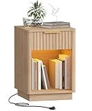 Akxomel Fluted Nightstand, Wooden Night Stand with Charging Station and LED Light, Modern Mid Century End Table with Drawer, 15" D x 15.7" W x 22.6" H, for Bedroom, Natural Oak