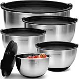 Priority Chef Premium Mixing Bowls With Lids Set, Airtight Lids, Thicker Stainless Steel, Non-Slip Base, 5 Nesting Steel Bowls for Kitchen, Large Prep Metal Bowl Set 1.5/2/3/4/5 Qt, Black