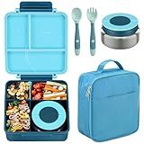 Bento Lunch Box Set for Kids with 8oz Soup Thermo, Leak-Proof Lunch Containers with 4 Compartment, Kids Thermo Hot Food Jar and Insulated Lunch Bag for Kid to School-Blue