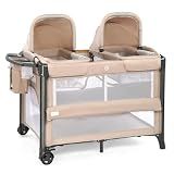 JOYMOR Twin Bassinet for Baby, Beige Bedside Bassinet, Convertible to Bedside Sleeper and Playpen, with Wheel, Brake, Foldable Side Sleeper,Beige