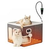 ZOMISIA Heated Cat House for Indoor Cats - Cat Warming Bed for Winter with Fluffy Ball Hanging and Adjustable Heating Pad, Foldable Cat Hideaway,16.5x16.5x13 inches, Grey