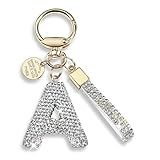 Pink Blue White Initial Letter Keychain Gift for Women Girls Bling Sparkly Cute Backpack Car Key Accessories Lanyard (A-white)