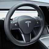 Uxcer Nappa Leather Steering Wheel Cover Compatible with Tesla Model 3/Y 2016-2025 2026 Juniper/Highland, Non-Slip Breathable Model 3/Y Steering Wheel Protector, Black