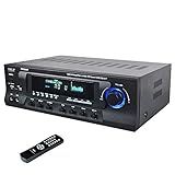 Pyle Wireless Bluetooth Audio Power Amplifier - 300W 4 Channel Home Theater Stereo Receiver with USB, AM FM, 2 Mic IN with Echo, RCA, LED, Speaker Selector, For Studio, Home Use, Black - PT272AUBT