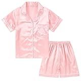 DIPUG Girls Pajamas Satin Pajama Set Silk Pjs Short Sleeve Sleepwear(Pink)