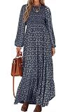 PRETTYGARDEN Women's Spring Dresses 2026 Long Sleeve Flowy Casual Floral Maxi Dress Crew Neck Smocked Tiered Long Dress (Navy, Large)