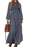 PRETTYGARDEN Women's Fall Dresses 2025 Long Sleeve Flowy Casual Floral Maxi Dress Crew Neck Smocked Tiered Long Dress (Navy, Large)