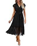 BTFBM Women Summer Bohemian Floral Casual Wrap V Neck Ruffle Cap Sleeveless Belt A-Line Pleated Hem Swing Midi Sun Dress (Swiss Dot Black, l)