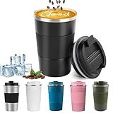 YINBAOGE Insulated Travel Coffee Mug, Spill & Leak Proof, Portable To Go Camping Stainless Steel Coffee Tumbler, Reusable Thermal Coffee Cup with Lid for Hot & Cold Drinks (Black, 12 OZ)