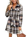 CUPSHE Women's Mini Fall Dresses Button Long Sleeves Plaid Belted Casual Short A Line Shirt Dress Brown Plaid, XL