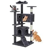 DUMOS 54-inch Indoor Cat Tree Tower –Multi-Level Pet House for Large Cats with 2 Condos, Scratching Posts, Round Platform, Small Ladder, and Toys – Perfect for Cats of All Ages, Dark Grey