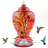 WOSIBO Hummingbird Feeder for Outdoors Patio Large 32 Ounces Colorful Hand Blown Glass Hummingbird Feeder with Ant Moat Hanging Hook, Rope, Brush and Service Card (RED-Firework)