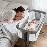Kinder King Baby Bassinet Bedside Sleeper, Newborn Baby Bedside Crib w/Wheels, All-Sided Mesh, Adjustable Height, Removable Soft Mattress, No Tool to Assemble, Grey