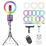 10" Selfie Ring Light with 73" Tripod Stand & 1 Phone Holder, LED Camera Ringlight with 48 RGB Colors Modes & Musical Rhythm Mode and 12 Brightness Dimmable for TikTok/Makeup/Photography/Vlog