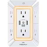 POWRUI Multi Plug 6 Outlet Surge Protector Extender with 3 USB Ports (1 USB C) and Night Light, 3-Sided Power Strip with Adapter Spaced Outlets, ETL Listed, White