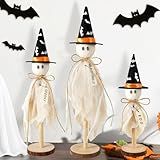 Yanleen Halloween Decorations Indoor, Set of 3 Primitive Halloween Ghosts with Witch Hat Bat on Wooden Stand Spooky Halloween Table Decor Table Centerpieces, Tiered Tray Decor, Shelves Mantels