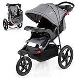 BABY JOY Jogging Stroller, Foldable Jogger Stroller with Adjustable Canopy & Backrest, Air-Filled Tires, Child & Parent Tray, Cup Holders, Storage Basket, Running Stroller for Babies Toddlers (Gray)