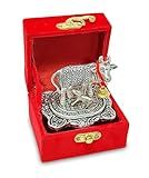 NOBILITY Pooja Items Diwali Gift Antique Silver Small Kamdhenu Cow and Calf with Red Box Metal Statue Decorative Item Showpiece for Home Office Decoration Wedding Return Gifts