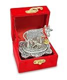 NOBILITY Pooja Items Diwali Gift Antique Silver Small Kamdhenu Cow and Calf with Red Box Metal Statue Decorative Item Showpiece for Home Office Decoration Wedding Return Gifts
