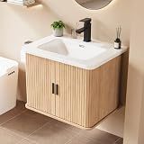 24" Floating Bathroom Vanity w/ Sink, Fluted Wall Mounted Cabinet (Natural)