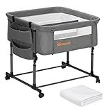 MTWML Twin Bassinet for 2 Babies,Portable Twins Crib with Storage Bag and Replaceable Mattress Cover,Adjustable Height Double Bedside Crib Attaches to Bed with Strap for 0-6 Months (Deep Grey)